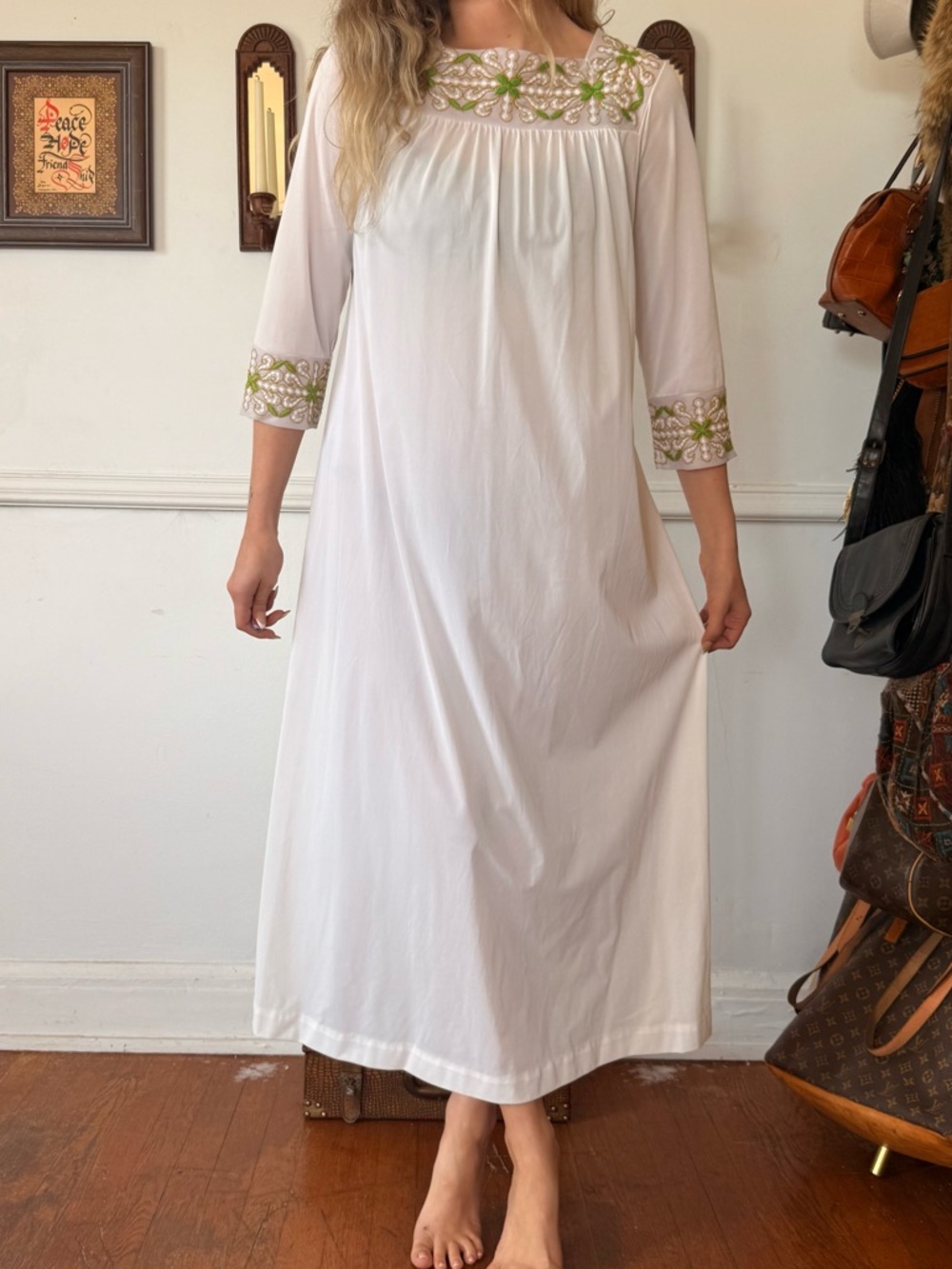 White Embroidered Maxi Dress with Green Accents